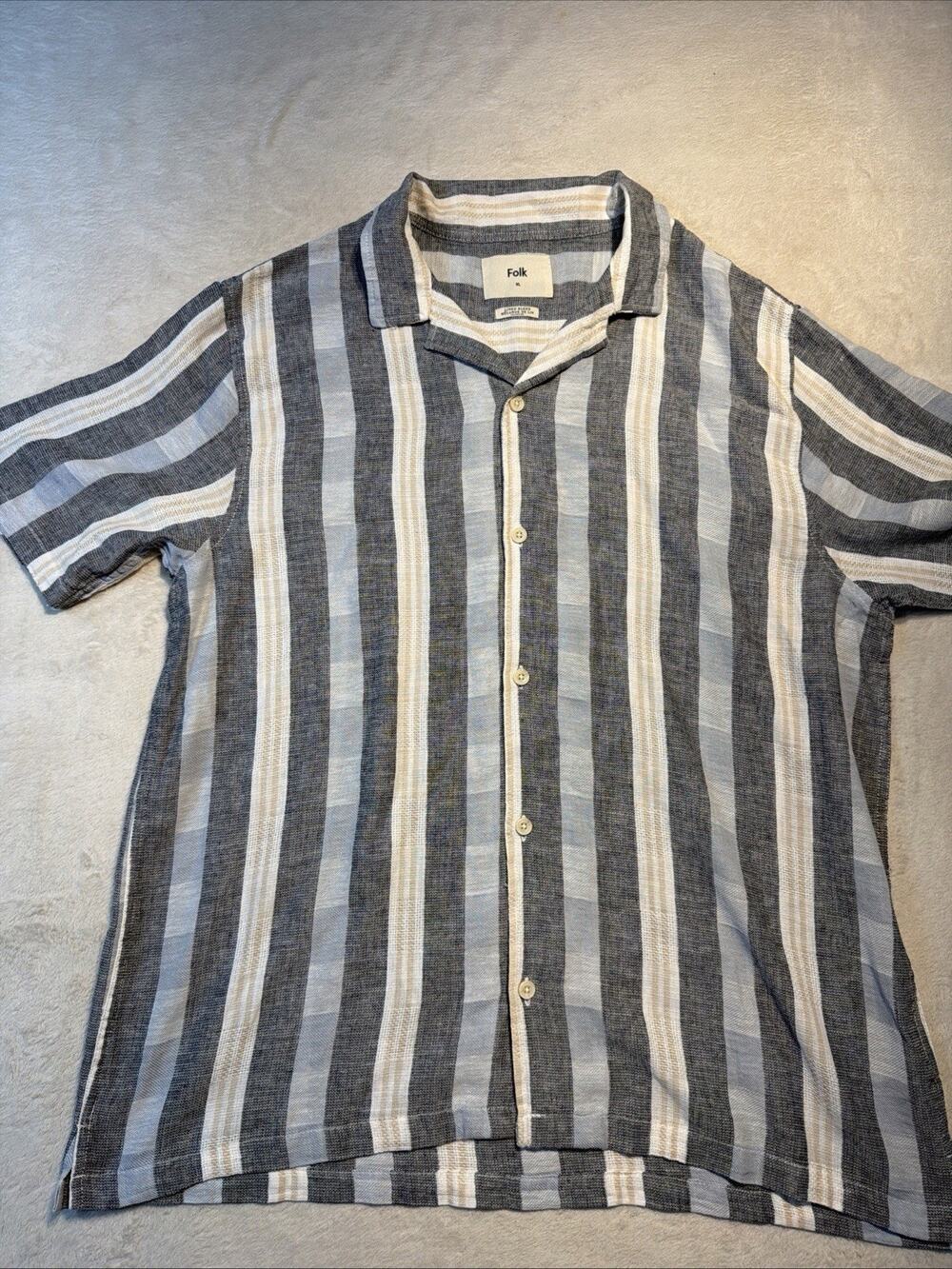 Folk Linen Blend Camp Collar Shirt Mens XL Striped Short Sleeve Resort Cabana